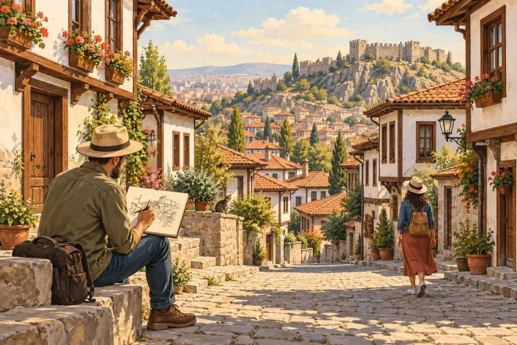 Tarihî evlerin ve uzaktaki kale duvarının çizimini yapan yetişkin ziyaretçi
