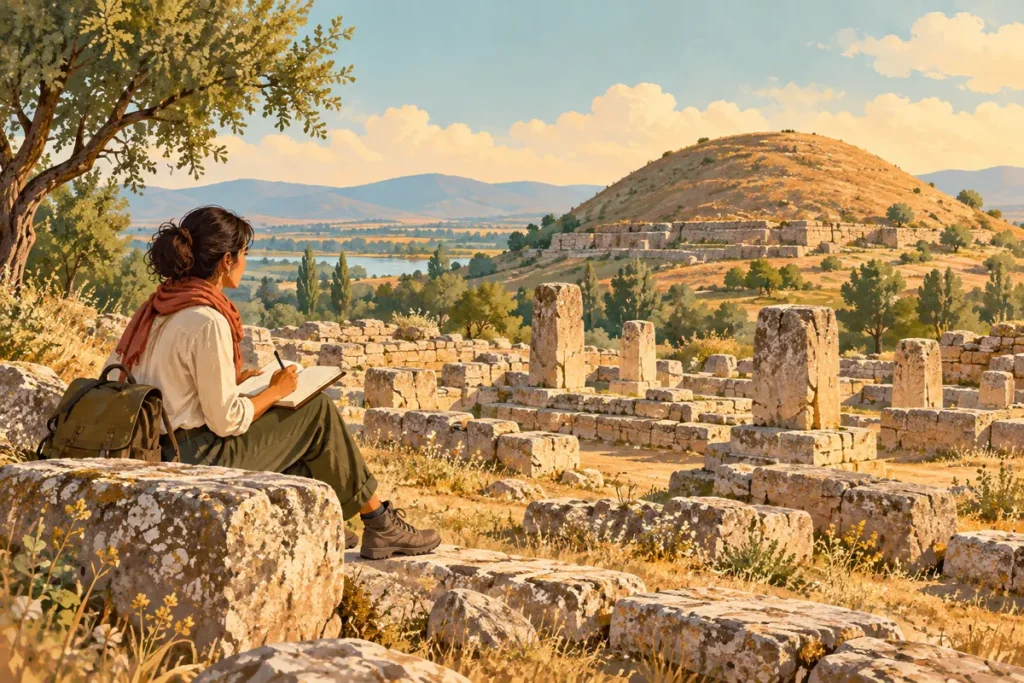 Arkeolojik kalıntılar ve yuvarlak tümülüs yanında notlarını okuyan yetişkin