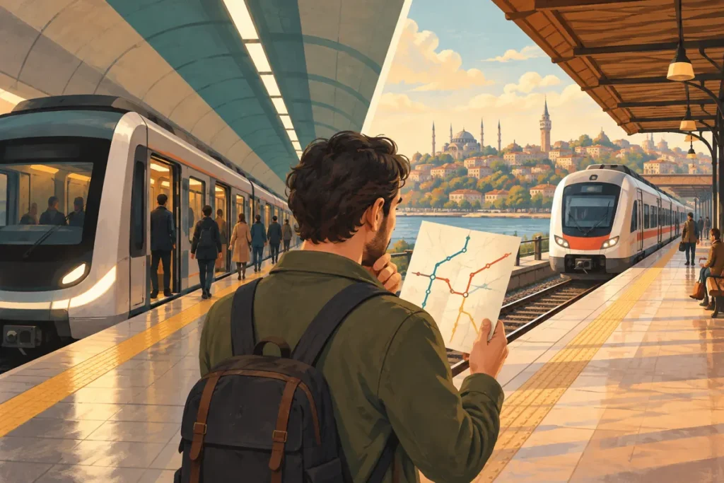 Metro ve tren seçeneklerini ayrı bir rota kartıyla karşılaştıran yetişkin yolcu
