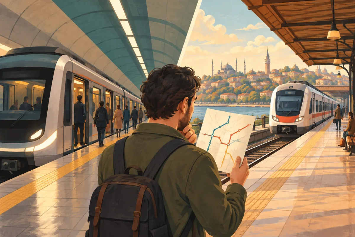 Sincan ulaşım planı için metro ve tren seçeneklerini ayrı bir rota kartıyla karşılaştıran yetişkin yolcu — temsili illüstrasyon