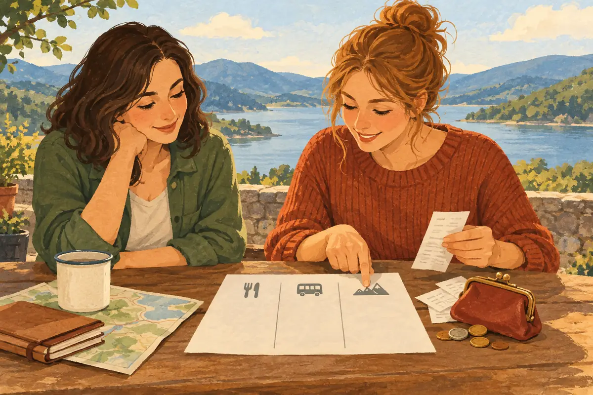Ortak gezi giderlerini bir notta ayıran iki yetişkin — temsili illüstrasyon