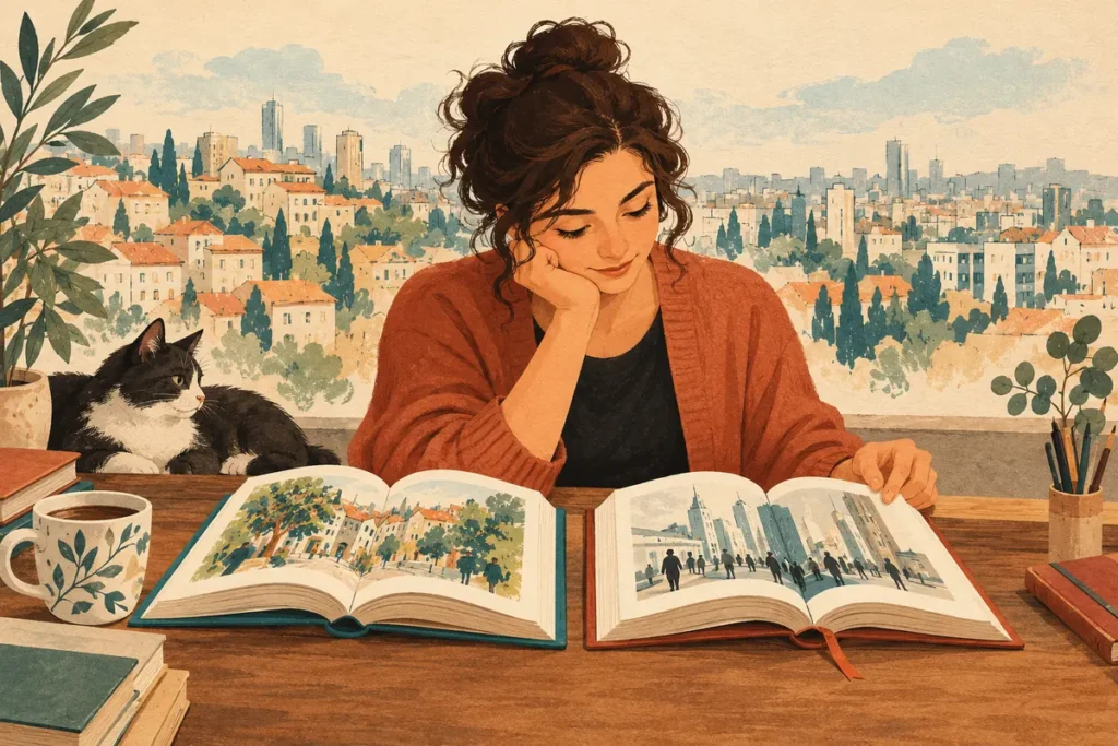 Yerel metinleri karşılaştıran okurun önündeki kitaplar ve kent çizimi